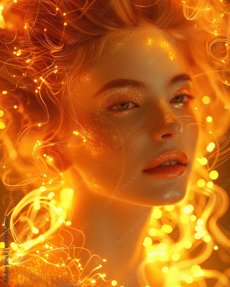 Fototapeta premium Woman surrounded by glowing light strands futuristic portrait. AI-generated.