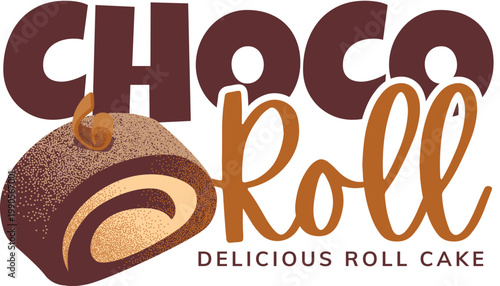 Choco roll delicious roll cake logo design, dessert illustration, sweet pastry treat.
