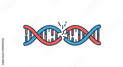 Illustration of a damaged and broken DNA double helix structure representing genetic mutation or biological disease.