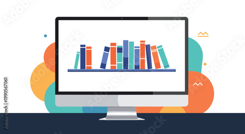 Digital library concept showing a wide selection of colorful books neatly arranged on a shelf within a computer screen.