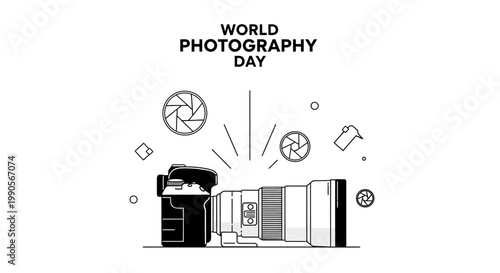 World Photography Day Celebration with Camera Lens Illustration.