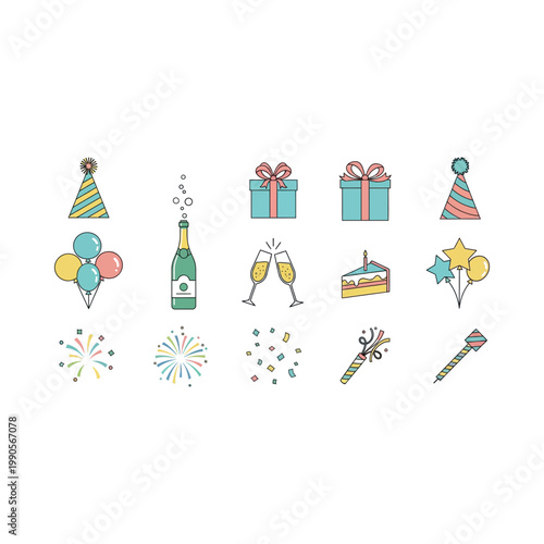 A colorful illustration of a birthday celebration with gifts, champagne, and confetti.