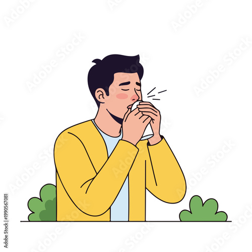 Young man sneezing outdoors due to allergy. Seasonal hay fever and health concept. Flat design illustration