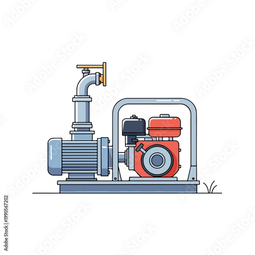 Industrial water pump engine. Flat design line art of a mechanical irrigation system for farming. Agriculture equipment and technology concept