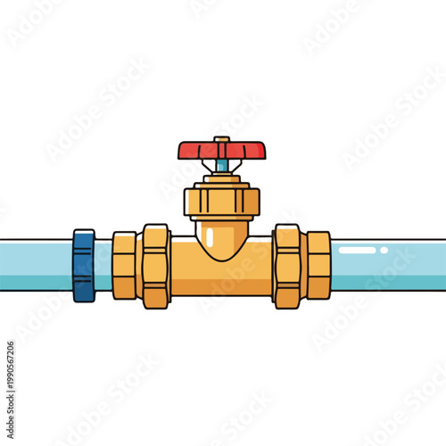 Water pipe with brass valve and red handle. Plumbing and irrigation system element. Flat design line art isolated on white