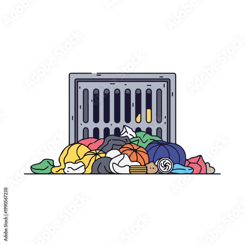 Pile of colorful clothes in front of a metal drain. Laundry and textile waste concept. Flat design line art isolated on white
