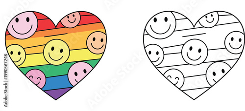 Rainbow Smiley Heart Coloring Page for Kids, Cute Pride Symbol Illustration with Black and White Outline Vector Set for Children Activities, Love and Happiness Concept Graphic Illustration