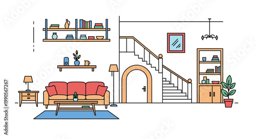 Detailed architectural line drawing of a home interior featuring a living room with a sofa and a staircase to the upper floor.