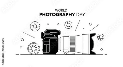 World Photography Day concept with digital camera and lens elements.