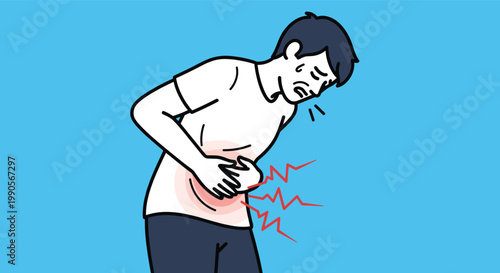 Illustration of a man suffering from severe stomach pain or indigestion with red marks indicating a sharp abdominal ache.