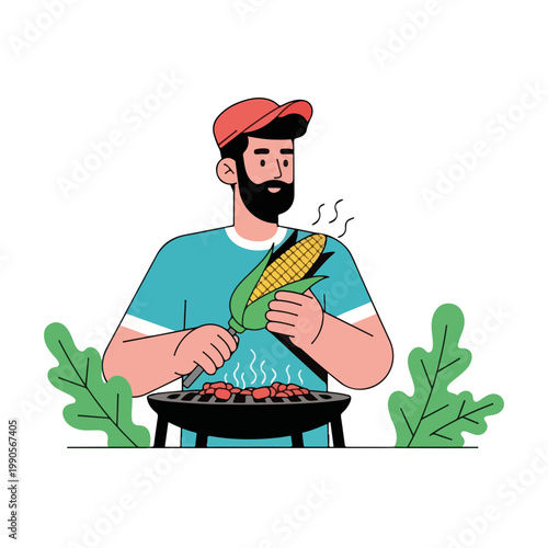 Man with a beard and cap grilling corn on a charcoal grill. Barbecue and street food concept. Flat design vector illustration