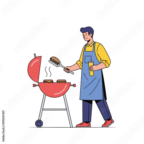 Man cooking burgers on a red barbecue grill. Backyard bbq party and outdoor culinary activity. Flat design graphic isolated on white