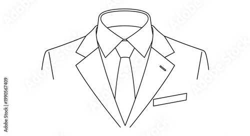 Formal business attire line drawing showing the collar of a white dress shirt, a necktie, and a tailored suit jacket.