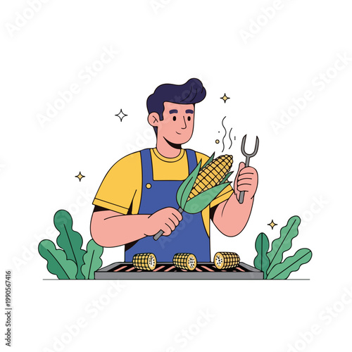 Man grilling corn on a barbecue. Outdoor cooking and summer picnic concept. Flat design vector illustration isolated on white background