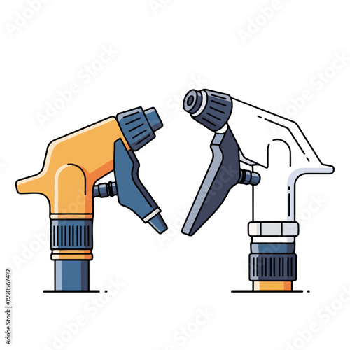 Garden hose spray nozzles set. Watering and irrigation tools for farming and gardening. Flat design graphic isolated on white