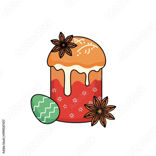 Traditional Easter cake with icing and star anise. Festive spring holiday food and decorated egg. Flat design graphic isolated on white