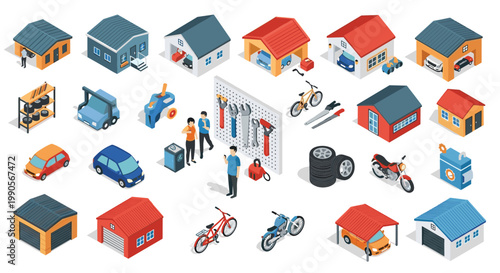 Comprehensive isometric collection of garage and workshop icons including many different buildings, vehicles, and tools.