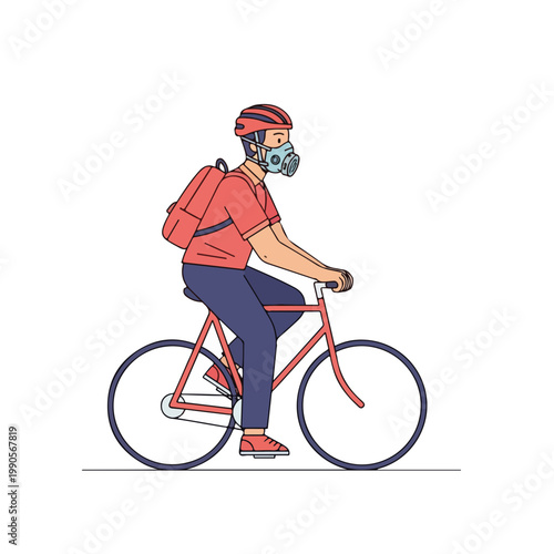 Cyclist wearing a respirator mask. Air pollution and urban commuting concept. Flat design graphic isolated on white