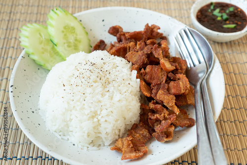 Crispy fried pork belly served with steamed rice and spicy dipping sauce. Thai street food favorite