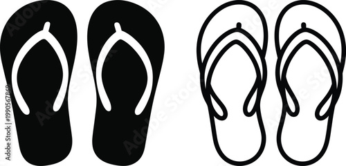 Minimal Black and White Flip Flops Vector Set with Solid and Outline Styles, Summer Beach Slippers Icon Collection, Simple Footwear Illustration for Travel, Vacation, and Fashion Design
