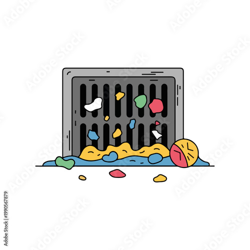 Clogged storm drain with trash and litter. Urban pollution and environmental issues concept. Flat design graphic isolated on white