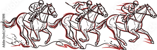 Continuous Line Horse Racing Triple Motion Bold Red Accent Vector