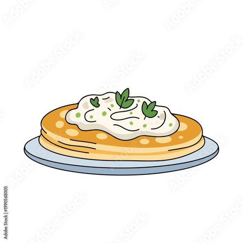 Stack of pancakes with sour cream and herbs. Breakfast food and cooking concept. Flat design graphic