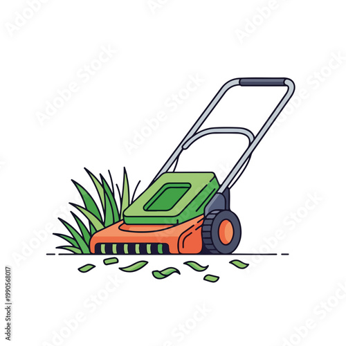 Lawn mower cutting green grass. Garden maintenance and landscaping concept. Line art design