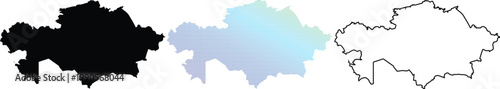 Set of Kazakhstan Country Maps featuring Solid Black Silhouette, Modern Blue Gradient Dot Pattern, and Minimalist Thin Outline Vector Illustration