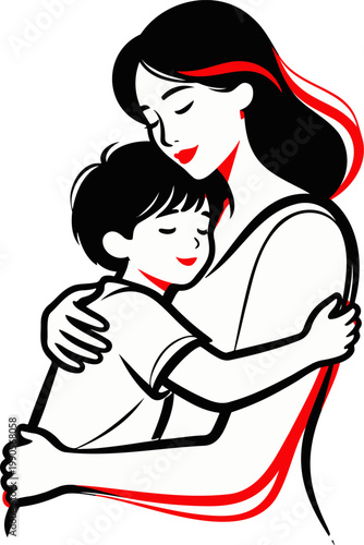 Continuous Line Child Hugging Mother Bold Red Accent Emotional Vector