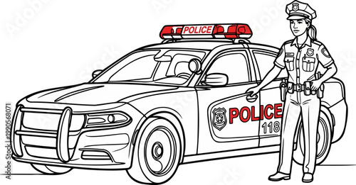 Continuous Line Police Car and Female Officer Bold Red Accent Vector