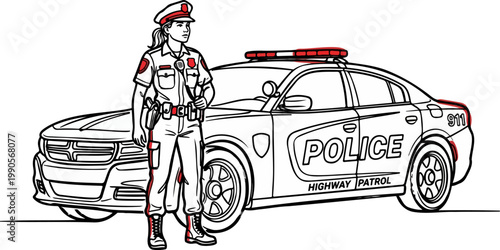 Continuous Line Police Car and Female Officer Bold Red Accent Vector