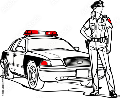 Minimal Continuous Line Police Car and Woman Officer with Red Accent Vector