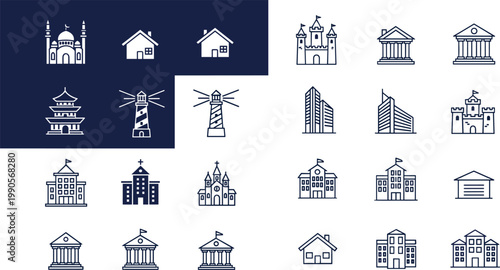 Architecture landmarks icons set buildings city monuments outline vector collection minimal modern urban construction symbols design