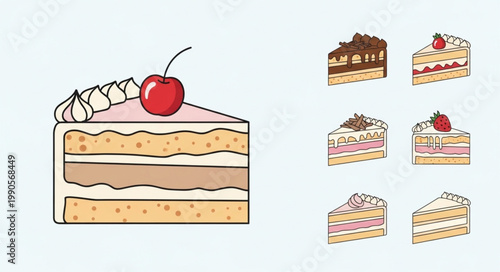 Delicious Slices of Cake with Cherry and Cream Topping.