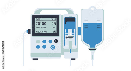 Medical infusion pump and intravenous fluid bag illustrated on white background