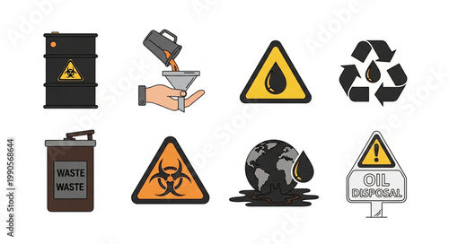 Collection of hazardous waste and pollution symbols.