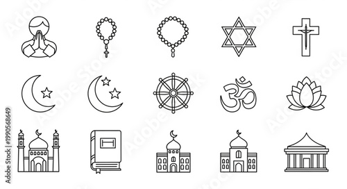 Collection of Religious Symbols and Places of Worship Icons.