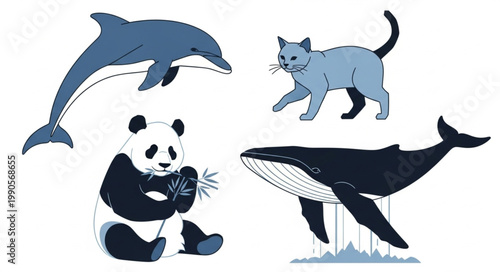 Collection of Diverse Animals Dolphin Cat Panda Whale.