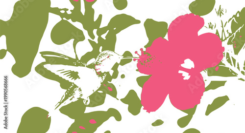 Vibrant hummingbird with iridescent green feathers feeding on the sweet nectar of a large bright pink hibiscus flower while hovering gracefully in the air during a warm and sunny spring day