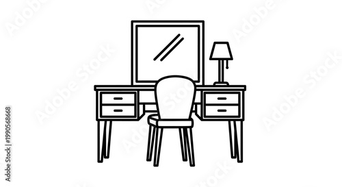 Minimalist dressing table with mirror and lamp illustration black and white