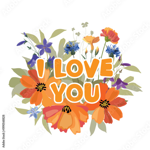 Vector flower card with the inscription I love you