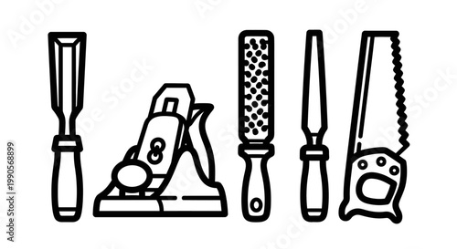 Outlined woodworking tools illustration on white background