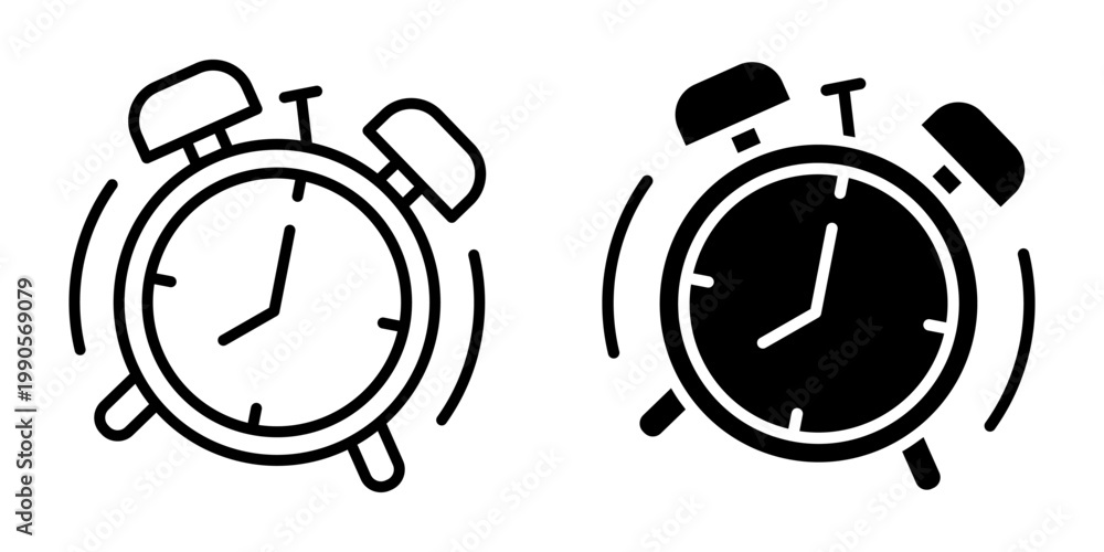 Fototapeta premium Alarm icon set. Minimalist alarm clock icons in black and white showing time concept. vector illustration on white background