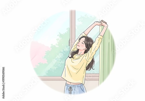 Illustration of a young woman stretching by the window in morning sunlight for headache relief and relaxation.