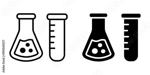 Flask icon set. Simple black and white lab equipment icons featuring beakers and test tubes. vector illustration on white background