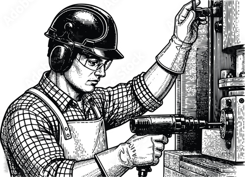 Man in a hard hat using a drill press in a workshop setting with safety gear