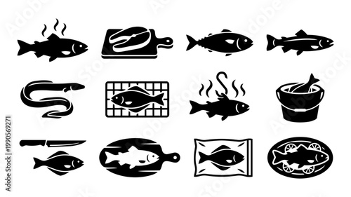 Smoked Fish and Smoking Process Silhouettes – Salmon, Mackerel, Trout, Fillet, Seafood Icons
