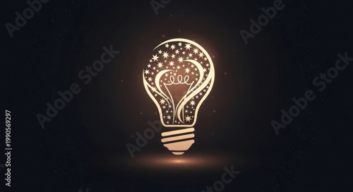 Abstract illustration of a glowing lightbulb filled with stars on dark background