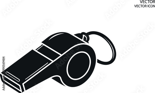 Black silhouette of a traditional sports whistle attached to a small metal key ring for easy carrying during athletic coaching sessions or refereeing matches on a simple and clean white background